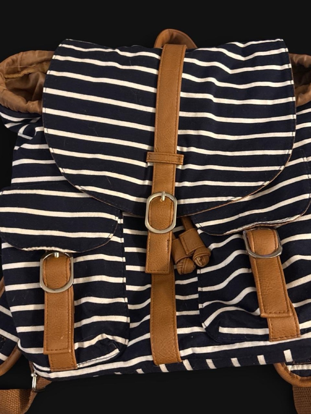 Striped Navy and White Backpack with Tan Accents